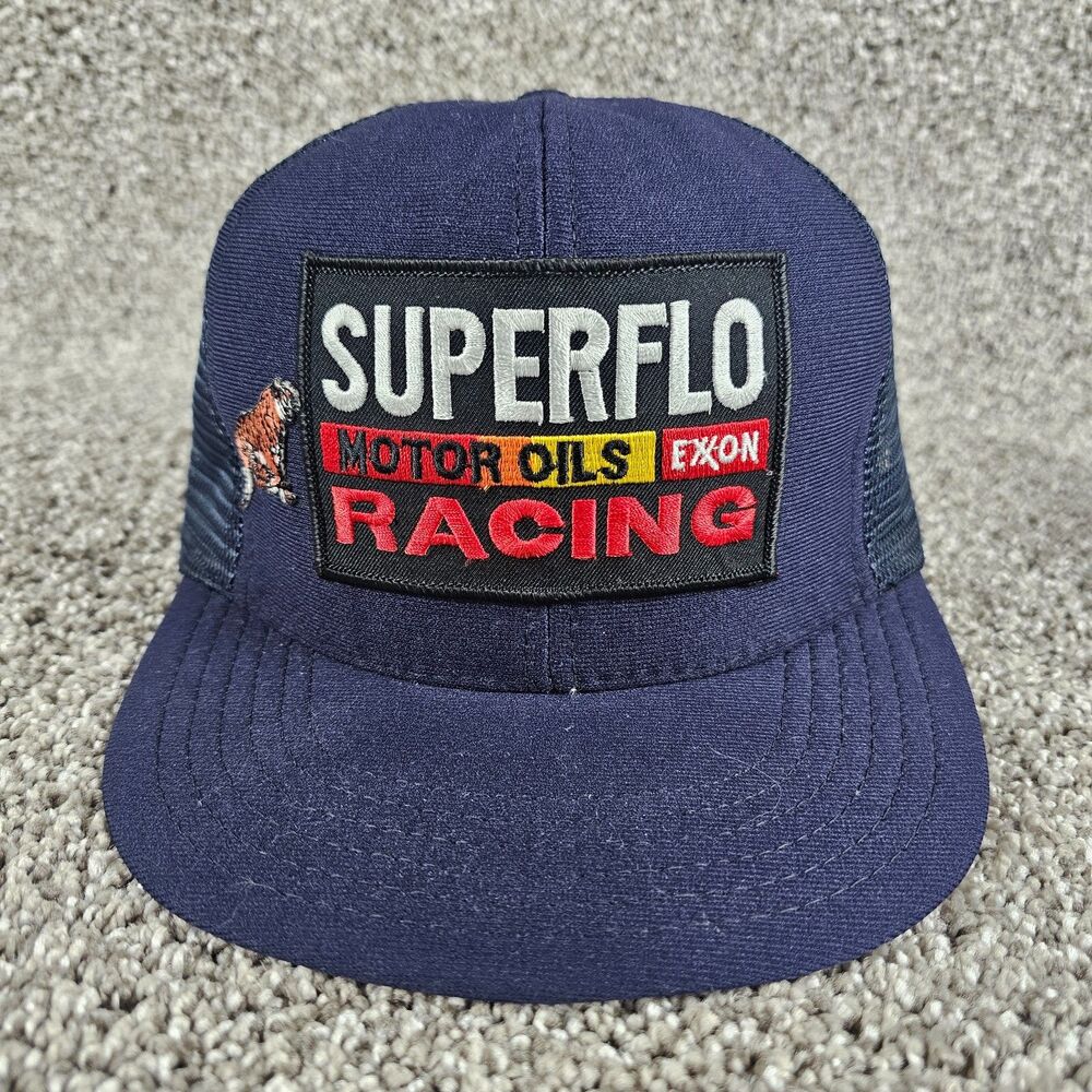Vintage Exxon Superflo Racing Hat Cap NASCAR Blue Trucker Mesh Snapback  USA 90s
